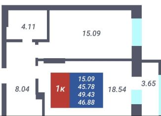 Однокомнатная квартира на продажу, 46.9 м2, Новосибирская область, Светлановская улица, 52/2