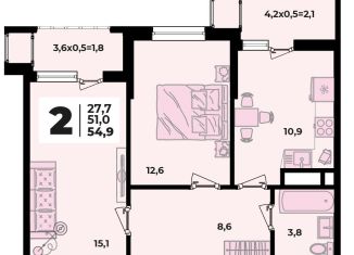 Продается 2-комнатная квартира, 54.9 м2, аул Новая Адыгея