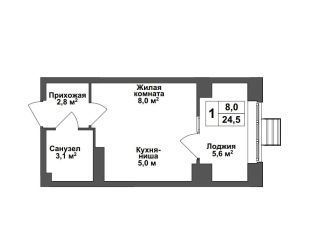 Продам квартиру студию, 24.4 м2, Тула