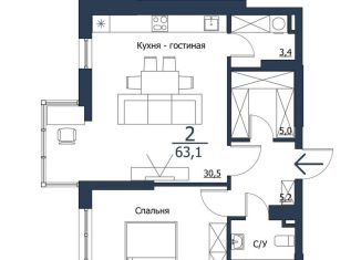 Продажа 2-ком. квартиры, 63.1 м2, Красноярск