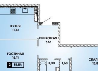 Продается двухкомнатная квартира, 56.8 м2, Краснодар, микрорайон Губернский