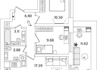 Продажа 2-комнатной квартиры, 54.3 м2, Санкт-Петербург, муниципальный округ Финляндский