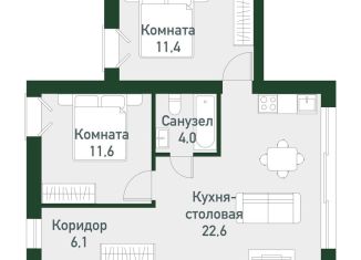 Двухкомнатная квартира на продажу, 56.1 м2, Челябинская область, Кременкульская улица, 36