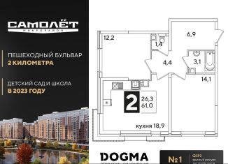 Продаю двухкомнатную квартиру, 61 м2, Краснодар, ЖК Самолёт-3