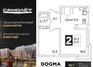 2-комнатная квартира на продажу, 51.5 м2, Краснодар, Прикубанский округ