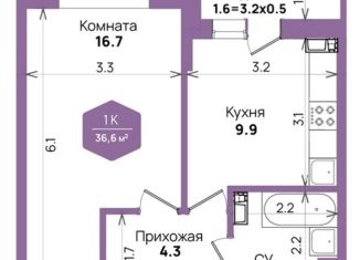 Продается 1-комнатная квартира, 36 м2, Краснодар, улица имени 40-летия Победы, 184к3, ЖК Бауинвест