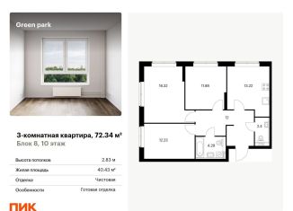 Продажа трехкомнатной квартиры, 72.3 м2, Москва, Берёзовая аллея, 17к2, ЖК Грин Парк