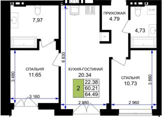 Продаю двухкомнатную квартиру, 64.5 м2, Калининградская область