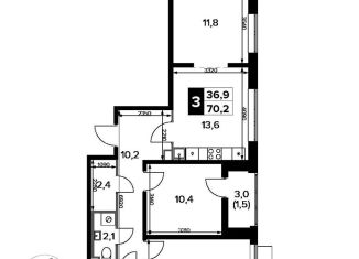 Продается трехкомнатная квартира, 70.2 м2, Московская область