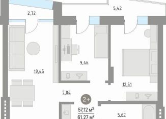 2-ком. квартира на продажу, 62.3 м2, Тюменская область