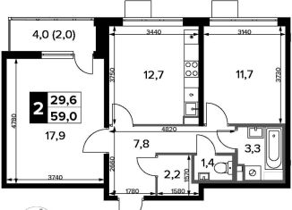 Продажа 2-комнатной квартиры, 59 м2, деревня Сапроново