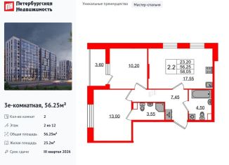 Продаю двухкомнатную квартиру, 56.3 м2, Санкт-Петербург, муниципальный округ Коломяги