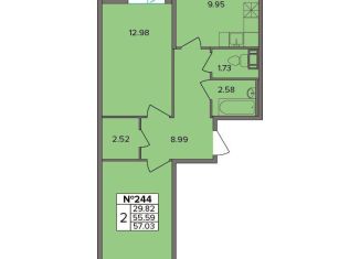 Продам 2-ком. квартиру, 55.6 м2, деревня Новое Девяткино, Лесная улица, 19