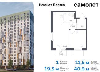 Однокомнатная квартира на продажу, 40.9 м2, деревня Новосаратовка, Невская Долина, 1.3