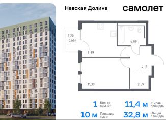 Продается 1-комнатная квартира, 32.8 м2, деревня Новосаратовка, жилой комплекс Невская Долина, к1.2