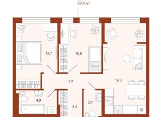 Продам 2-комнатную квартиру, 59 м2, Тюмень