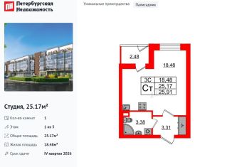 Продам квартиру студию, 25.2 м2, Санкт-Петербург, Московский район