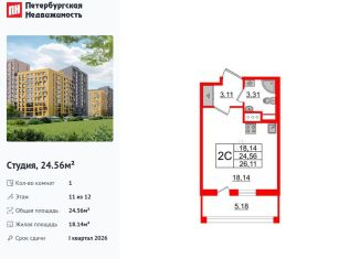 Квартира на продажу студия, 24.6 м2, Санкт-Петербург, муниципальный округ Коломяги