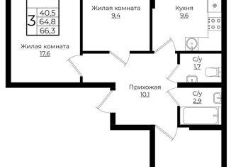 3-ком. квартира на продажу, 66.3 м2, Краснодар, жилой комплекс Европа Клубный Квартал 6, лит6