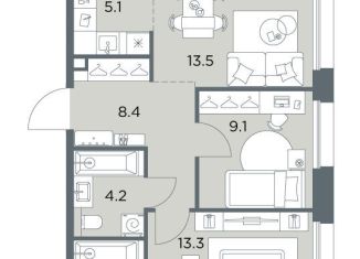 Продажа 3-ком. квартиры, 57.6 м2, деревня Поздняково