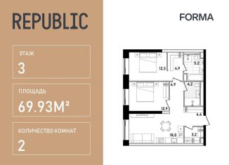 Продажа 2-комнатной квартиры, 69.9 м2, Москва, жилой комплекс Репаблик, к2.2, Пресненский район