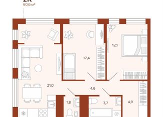 Продаю двухкомнатную квартиру, 60.6 м2, Тюмень