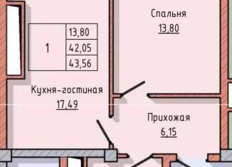 1-комнатная квартира на продажу, 43.6 м2, Нальчик, район Молодёжный, улица Ашурова, 1Б