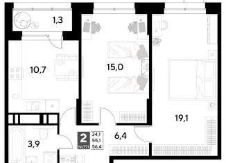 2-ком. квартира на продажу, 56.4 м2, Омск