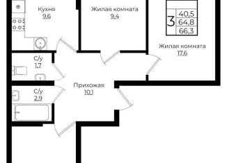 Продажа 3-ком. квартиры, 66.3 м2, Краснодарский край, жилой комплекс Европа Клубный Квартал 6, лит7