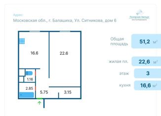 Продажа однокомнатной квартиры, 51.2 м2, Балашиха, улица Ситникова, 6