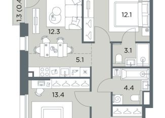 Трехкомнатная квартира на продажу, 61.5 м2, деревня Поздняково