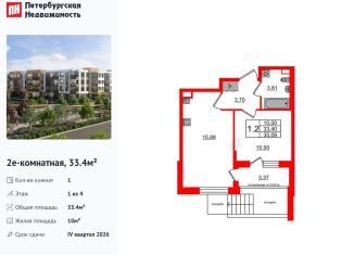 Продаю 1-комнатную квартиру, 33.4 м2, посёлок Шушары