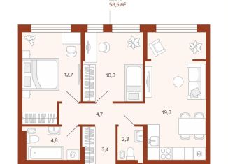 Продам 2-комнатную квартиру, 58.5 м2, Тюмень