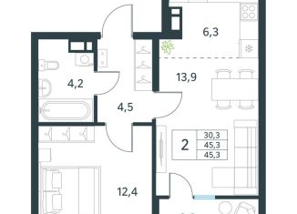 Продажа двухкомнатной квартиры, 45.1 м2, Забайкальский край, микрорайон Хороший, 15