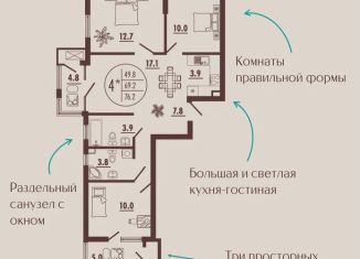 Трехкомнатная квартира на продажу, 76 м2, Ростов-на-Дону, Советский район