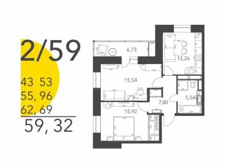 Продаю 2-ком. квартиру, 59.3 м2, Домодедово, Лёдовская улица, 31