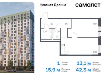 Продаю однокомнатную квартиру, 42.3 м2, деревня Новосаратовка, жилой комплекс Невская Долина, 1.3