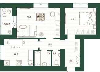 2-ком. квартира на продажу, 55.9 м2, поселок городского типа Стройкерамика