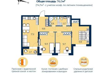 Трехкомнатная квартира на продажу, 74.7 м2, Екатеринбург, метро Уральская, улица Пехотинцев, 2Ак1