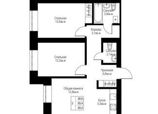 Продается 2-ком. квартира, 59.4 м2, Альметьевск