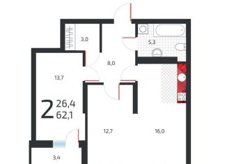 Продается 2-комнатная квартира, 60.4 м2, Уфа, Кировский район, улица Подполковника Недошивина, 9