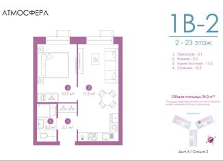 Однокомнатная квартира на продажу, 34 м2, Астрахань, улица Бехтерева, 12/4, ЖК Атмосфера