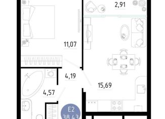 1-комнатная квартира на продажу, 38.4 м2, Рязань