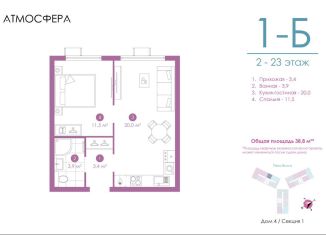 Продам 1-ком. квартиру, 38.8 м2, Астрахань, улица Бехтерева, 12/4, ЖК Атмосфера