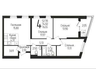 Продаю 4-комнатную квартиру, 76.6 м2, Уфа, Кировский район, Бородинская улица, 19/1