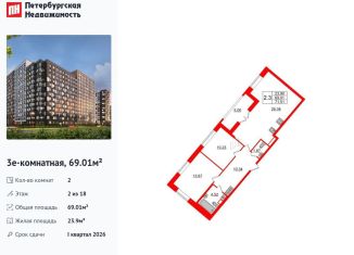 Продается двухкомнатная квартира, 69 м2, Санкт-Петербург, муниципальный округ Невский