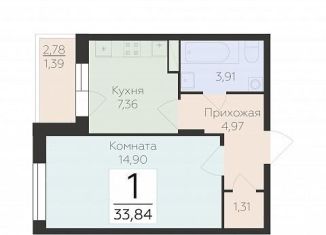 Однокомнатная квартира на продажу, 33.8 м2, Воронеж, улица 45-й Стрелковой Дивизии, 259/27