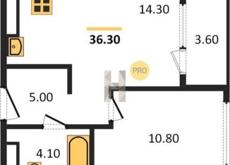 1-комнатная квартира на продажу, 38.1 м2, Екатеринбург, метро Площадь 1905 года