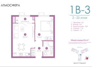 1-ком. квартира на продажу, 39.6 м2, Астрахань, улица Бехтерева, 12/4, ЖК Атмосфера