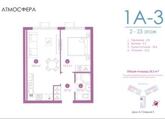1-комнатная квартира на продажу, 36.2 м2, Астрахань, улица Бехтерева, 12/4, ЖК Атмосфера